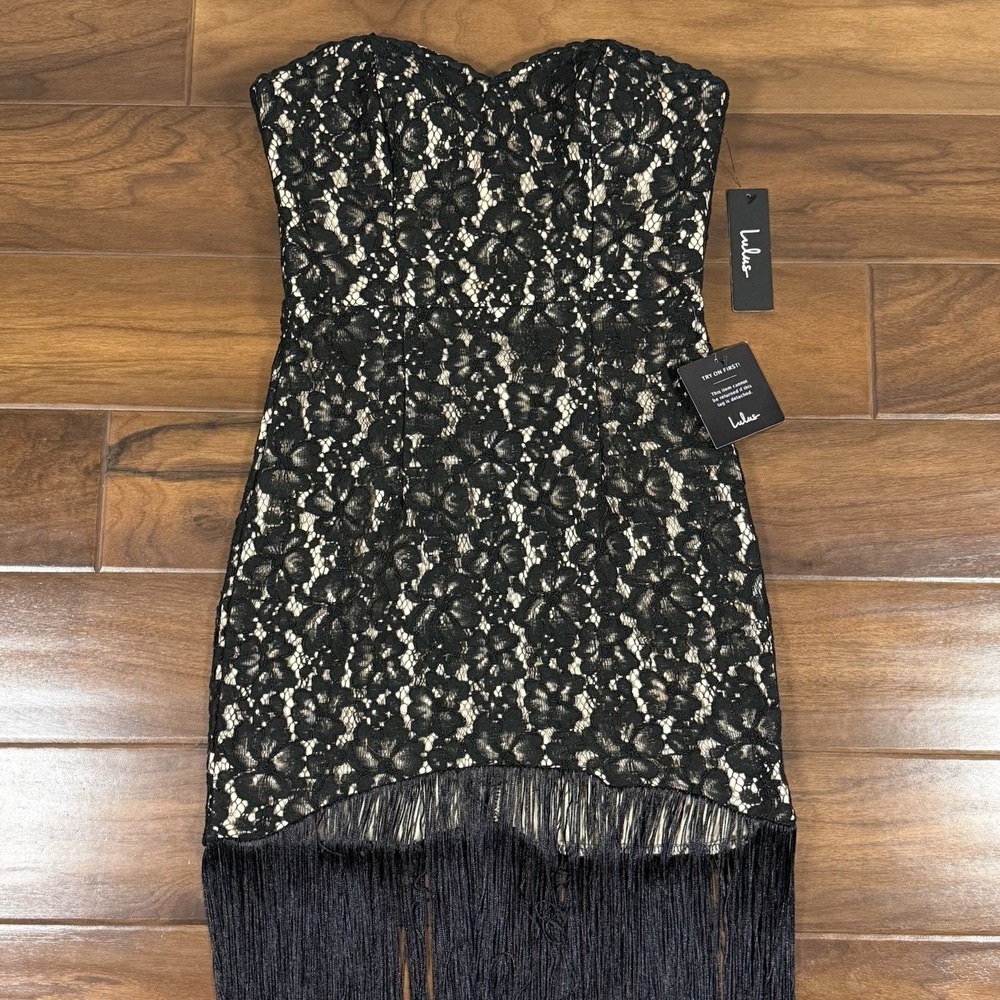 Lulus Size Small Black Lace Ain't Misbehavin Fringe Strapless Bodycon Dress - Picture 4 of 11